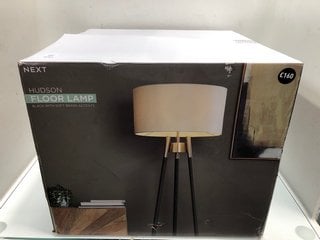 Lot 843  
            Marchington SR13 - Parcel Delivery Only 
                
NEXT HUDSON FLOOR LAMP IN BLACK WITH SOFT BRASS ACCENTS-ORIGINAL RRP £160.00: LOC...