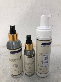 Lot 881  
            Marchington SR13 - Parcel Delivery Only 
                
3 X LUSSO TANNING ITEMS TO INCLUDE 200ML RAPID TAN MOUSSE FOR FACE AND BODY: LOCA...