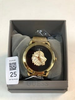 Lot 25  
            Nottingham SR1 - Delivery Only 

                
GUESS MEN'S MONARCH GOLD TONE LION MESH BRACELET WATCH MODEL: GW0702G1 - ORIGINAL...