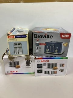 Lot 537  
            Nottingham SR1 - Delivery Only 
                
4 X VARIOUS TOASTERS INC. BREVILLE MOSTRA COLLECTION PREMIUM GLOSS 4 SLICE TOASTER