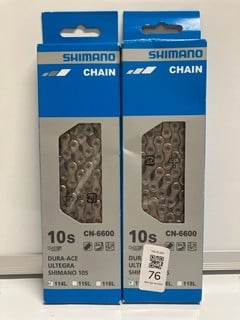 Lot 76  
            Nottingham SR6 - Parcel Delivery 
                
2 X SHIMANO 10S CN-6600 BIKE CHAINS 10 SPEED