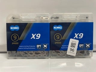 Lot 96  
            Nottingham SR6 - Parcel Delivery 
                
2 X KMC X9 ANTI-RUST 9 SPEED BIKE CHAINS
