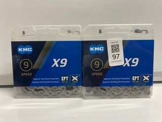 Lot 97  
            Nottingham SR6 - Parcel Delivery 
                
2 X KMC X9 ANTI-RUST 9 SPEED BIKE CHAINS