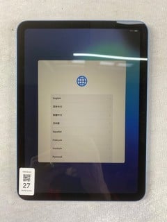 Lot 27  
            Nottingham Prem - Delivery Only 

                
APPLE IPAD 128GB TABLET WITH WIFI: MODEL NO A3354 (DENTED BACK, POWER FAULT)  [JP...