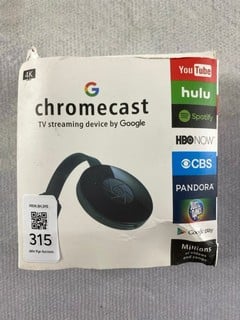 Lot 315  
            Nottingham Prem - Delivery Only 

                
CHROMCAST TV STREAMER. (WITH BOX & ACCESSORIES) [JPTN46992]