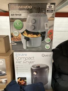 Lot 157  
            Chesterfield SR39 - Parcel Delivery Only 

                
DAEWOO 2.5L COMPACT AIR FRYER TO INCLUDE QUEST 2.3L COMPACT AIR FRYER (LOCATION: ...