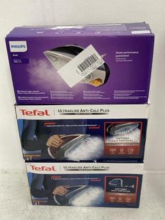 Lot 368  
            Chesterfield SR39 - Parcel Delivery Only 

                
3 X ASSORTED ITEMS TO INCLUDE TEFAL ULTRAGLIDE ANTI-CALC PLUS IRON (LOCATION: B6R)
