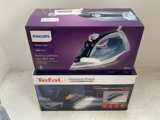 Lot 373  
            Chesterfield SR39 - Parcel Delivery Only 

                
TEFAL FREEMOVE POWER IRON TO INCLUDE PHILIPS STEAM IRON 5000 SERIES (LOCATION: B6R)