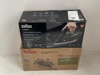 Lot 377  
            Chesterfield SR39 - Parcel Delivery Only 

                
TEFAL EASYGLISS ECO IRON TO INCLUDE BRAUN FREESTYLE 5 IRON (LOCATION: B6R)