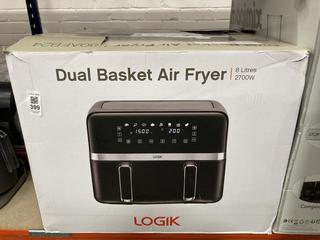 Lot 399  
            Chesterfield SR39 - Parcel Delivery Only 

                
LOGIK DUAL BASKET AIR FRYER 8L 2700W (LOCATION: B6R)