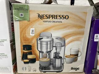 Lot 403  
            Chesterfield SR39 - Parcel Delivery Only 

                
NESPRESSO VERTUO CREATISTA COFFEE MACHINE ORIGINAL RRP- £399 (LOCATION: B6R)