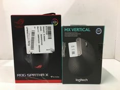 Lot 104  
            Edinburgh SR24 - Delivery Only 

                
LOGITECH MX VERTICAL, WIRE AND WIRELESS BLUETOOTH ADVANCED ERGONOMIC MOUSE + ROG ...