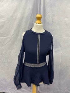 Lot 92  
            Edinburgh SR20 - Delivery Only 

                
JONATHAN SIMKHAI COLD SHOULDER LACE TRIM BLOUSE IN BLUE SILK, SIZE: INT | S, ORIG...