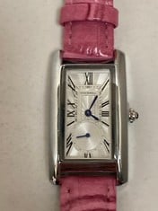 Lot 108  
            Edinburgh SR33 - Delivery Only 

                
LONGINES DOLCEVITA LADIES WATCH WITH SILVER CASE AND PINK LEATHER STRAP:: LOCATIO...