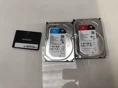 Lot 157  
            Edinburgh SR33 - Delivery Only 

                
X3 ASSORTED SATA STORAGE DEVICES TO INCLUDE SEAGATE 4TB IRONWOLF 3.5" HDD.  [JPTE...