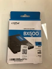 Lot 452  
            Edinburgh SR33 - Delivery Only 
                
CRUCIAL 4TB BX500 SATA  2.5" SSD (ORIGINAL RRP - £200): MODEL NO CT4000BX500SSD10...
