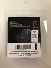 Lot 457  
            Edinburgh SR33 - Delivery Only 

                
SANDISK 4TB EXTREME PORTABLE SSD (ORIGINAL RRP - £255): MODEL NO SDSSDE61-4T00  [...