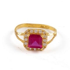Lot 116  
            Nottingham Luxury Room - Delivery Only 

                
22ct Yellow Gold Red Stone with Clear Stone Halo Ring, Size M, 2.1g.  Auction Gui...