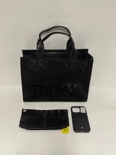 Lot 328  
            Birmingham Premium - Parcel Delivery Only 

                
3 X ITEMS TO INCLUDE DKNY BLACK SIDE BAG, MONTBLANC IPHONE 14PRO POUCH TOTAL ORIG...