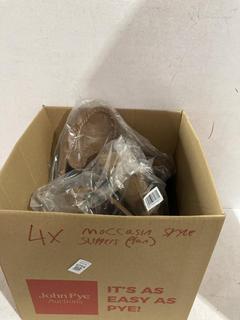 Lot 1094  
            Birmingham SR107 - Parcel Delivery Only 
                
4 X MOCCASIN STYLE SLIPPERS IN TAN
