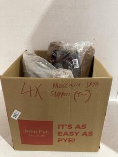 Lot 1095  
            Birmingham SR107 - Parcel Delivery Only 
                
4 X MOCCASIN STYLE SLIPPERS IN TAN