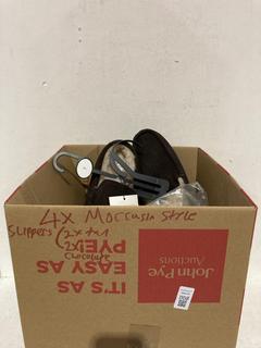 Lot 1108  
            Birmingham SR107 - Parcel Delivery Only 

                
4 X MOCCASIN STYLE SLIPPERS IN DARK BROWN