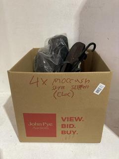 Lot 1109  
            Birmingham SR107 - Parcel Delivery Only 

                
4 X MOCCASIN STYLE SLIPPERS 2 IN TAN 2 IN DARK BROWN
