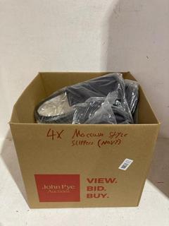 Lot 1110  
            Birmingham SR107 - Parcel Delivery Only 

                
4 X MOCCASIN STYLE SLIPPERS IN TAN