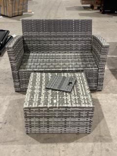 Lot 187  
            Birmingham SR106 - Collection or Optional Delivery Available 

                
RATTAN OUTDOOR 2 SEATER SOFA TO INCLUDE SQUARED COFFEE TABLE (LOCATION: A5)
