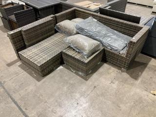 Lot 195  
            Birmingham SR106 - Collection or Optional Delivery Available 

                
GREY WOVEN RATTAN OUTDOOR PATIO FURNITURE SET TO INCLUDE COFFEE TABLE (LOCATION: A6)