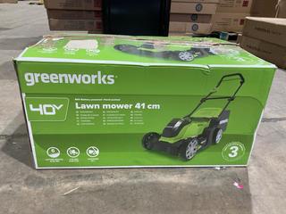 Lot 218  
            Birmingham SR106 - Collection or Optional Delivery Available 

                
GREENWORKS 40 V CORDLESS LAWNMOWER ORIGINAL RRP £289 (LOCATION: A7)