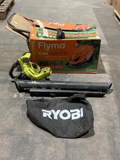 Lot 542  
            Birmingham SR106 - Collection or Optional Delivery Available 

                
FLYMO EASIGLIDE 300 ELECTRIC HOVER COLLECT LAWN MOWER TO INCLUDE RYOBI OBV18 ONE ...