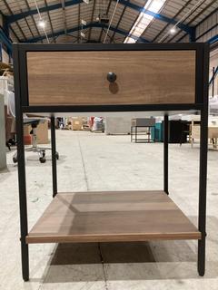 Lot 176  
            Birmingham SR103  - Collection or Optional Delivery Available 

                
DAVID PHILLIPS NATURAL DARK OAK/BLACK FRAME BEDSIDE TABLE ORIGINAL RRP £169