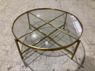 Lot 182  
            Birmingham SR103  - Collection or Optional Delivery Available 

                
DAVID PHILLIPS ROUND GLASS TOP GOLD FRAME COFFEE TABLE ORIGINAL RRP £300