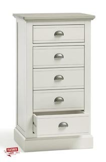 Lot 25  
            Birmingham SR103  - Collection or Optional Delivery Available 

                
OAK FURNITURELAND BROMPTON PAINTED ACACIA AND ASH TOP 5 DRAWER TALLBOY - SOLID HA...