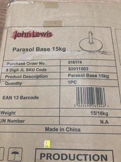 Lot 287  
            Birmingham SR103  - Collection or Optional Delivery Available 

                
JOHN LEWIS & PARTNERS 15KG PARASOL BASE & 2.2M OYSTER PARASOL UMBRELLA ORIGINAL R...