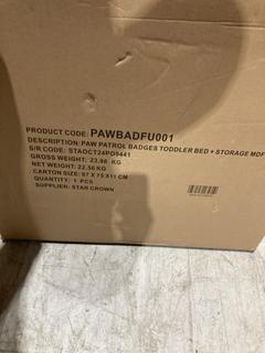 Lot 392  
            Birmingham SR103  - Collection or Optional Delivery Available 

                
PAW PATROL BADGES TODDLER BED & STORAGE UNIT ORIGINAL RRP £150