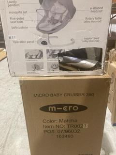 Lot 402  
            Birmingham SR103  - Collection or Optional Delivery Available 

                
GAJJIS BABY SWING CHAIR BLACK & MICRO BABY CRUISER 360 MATCHA ORIGINAL RRP £250