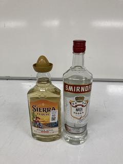 Lot 60  
            Birmingham SR110 - Optional Home Delivery 
                
1 X BOTTLE OF SMIRNOFF VODKA 37.5 % VOL 700ML & 1 X BOTTLE OF SIERRA TEQUILA 38% ...
