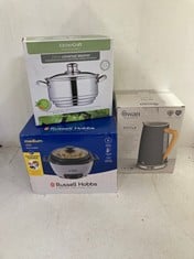 Lot 345  
            BIRMINGHAM SR111 - PARCEL DELIVERY ONLY 

                
SWAN 1.7L KETTLE TO ALSO INCLUDE RUSSELL HOBBS RICE COOKER, UNIVERSAL STEAMER.