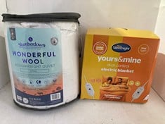 Lot 355  
            BIRMINGHAM SR111 - PARCEL DELIVERY ONLY 
                
MEDIUM WEIGHT KING SIZED DUVET TO ALSO INCLUDE YOURS & MINE DUAL CONTROL ELECTRIC...