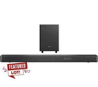Lot 12  
            Chesterfield Tech - Collection or Optional Delivery Available 

                
HISENSE AX312OG SOUNDBAR (ORIGINAL RRP - £159). (WITH BOX) [JPTC85851] (LOCATION:...
