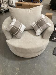 Lot 23  
            Chesterfield SR40 - Collection or Optional Delivery Available 

                
CIRCULAR ARM CHAIR IN GREY WITH 3 CUSHIONS (LOCATION: B4)