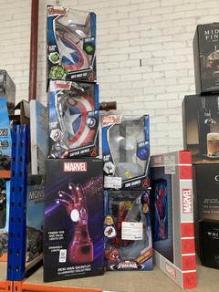 Lot 408  
            Chesterfield SR40 - Collection or Optional Delivery Available 

                
6 X ASSORTED ITEMS TO INCLUDE IRON MAN GAUNTLET ILLUMINATED COLLECTIBLE (LOCATION...