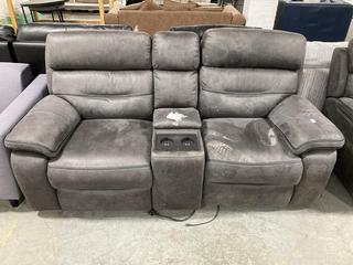 Lot 211  
            Chesterfield SR35 - Collection or Optional Delivery Available 

                
DFS DOUBLE RECLINING SOFA WITH CENTER CONSOLE WITH CUP HOLDERS IN GREY SUEDE ( (L...