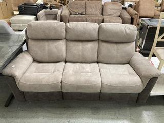 Lot 310  
            Chesterfield SR35 - Collection or Optional Delivery Available 

                
THREE SEATER SOFA FINISHED IN LIGHT GREY LEATHER/SUEDE EFFECT WITH MANUAL RECLINI...