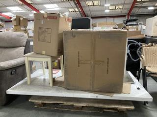 Lot 311  
            Chesterfield SR35 - Collection or Optional Delivery Available 

                
PALLET OF VARIOUS ITEMS INCLUDING SMALL FABRIC TOPPED TABLE AND LARGE PINK LAMP (...