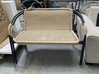 Lot 312  
            Chesterfield SR35 - Collection or Optional Delivery Available 

                
2X RATTAN STYLE WOVEN OUTSIDE BENCHES FINISHED IN BLACK/TAN (LOCATION: SR35)