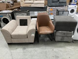 Lot 313  
            Chesterfield SR35 - Collection or Optional Delivery Available 

                
PALLET OF MIXED FURNITURE ITEMS INCLUDING TWO SINGLE LEATHER CHAIRS (LOCATION: SR35)