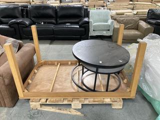 Lot 320  
            Chesterfield SR35 - Collection or Optional Delivery Available 

                
MIXED PALLET OF TABLES INCLUDING ROUND BROWN WOODEN TABLE FINISHED IN A DARK WOOD...